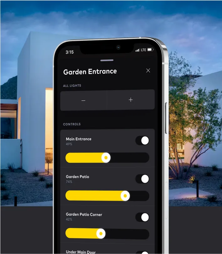 Garden lighting controls in the app on a phone