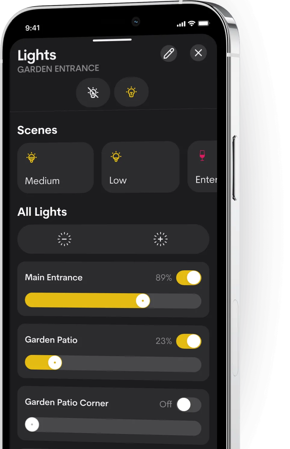 Lighting control in the app on a phone