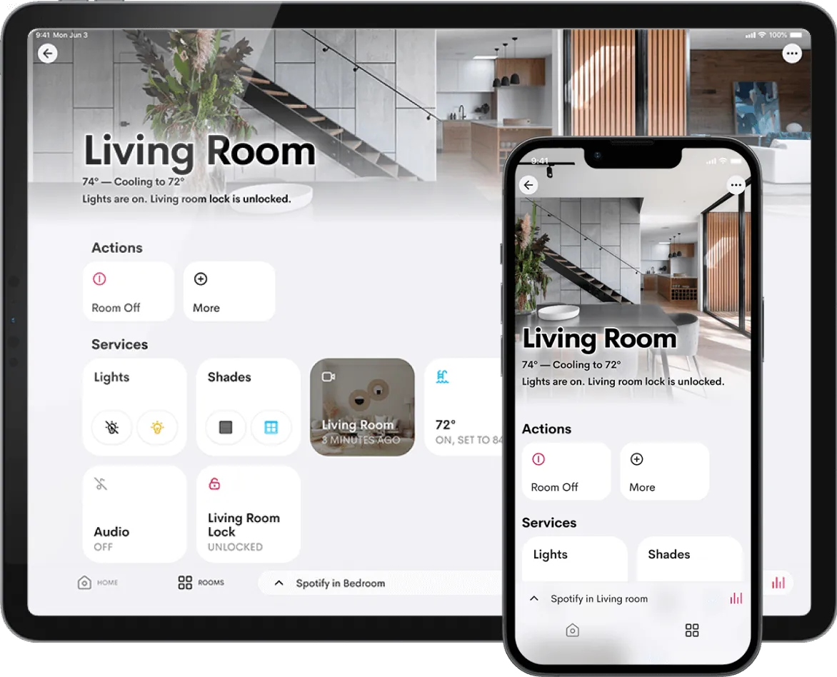 Room actions and controls in the app on a tablet and a phone