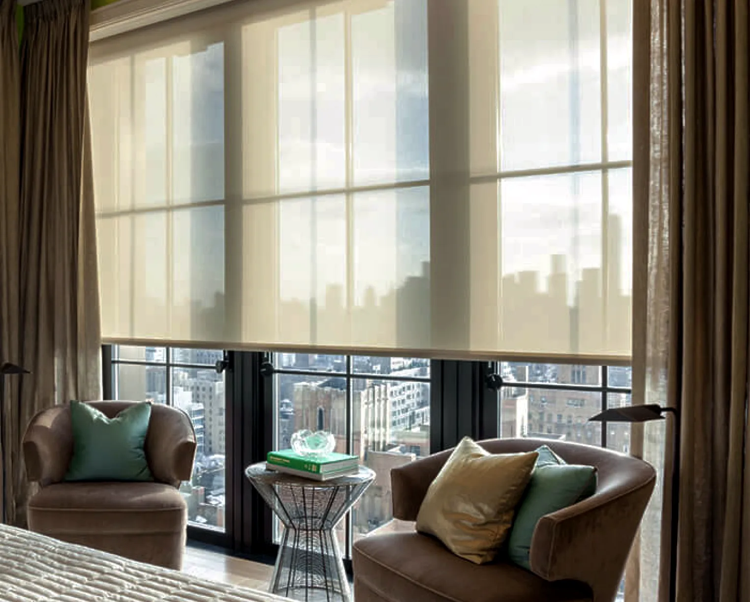 A roller blind lowered over a tall window, with the view still visible through the fabric