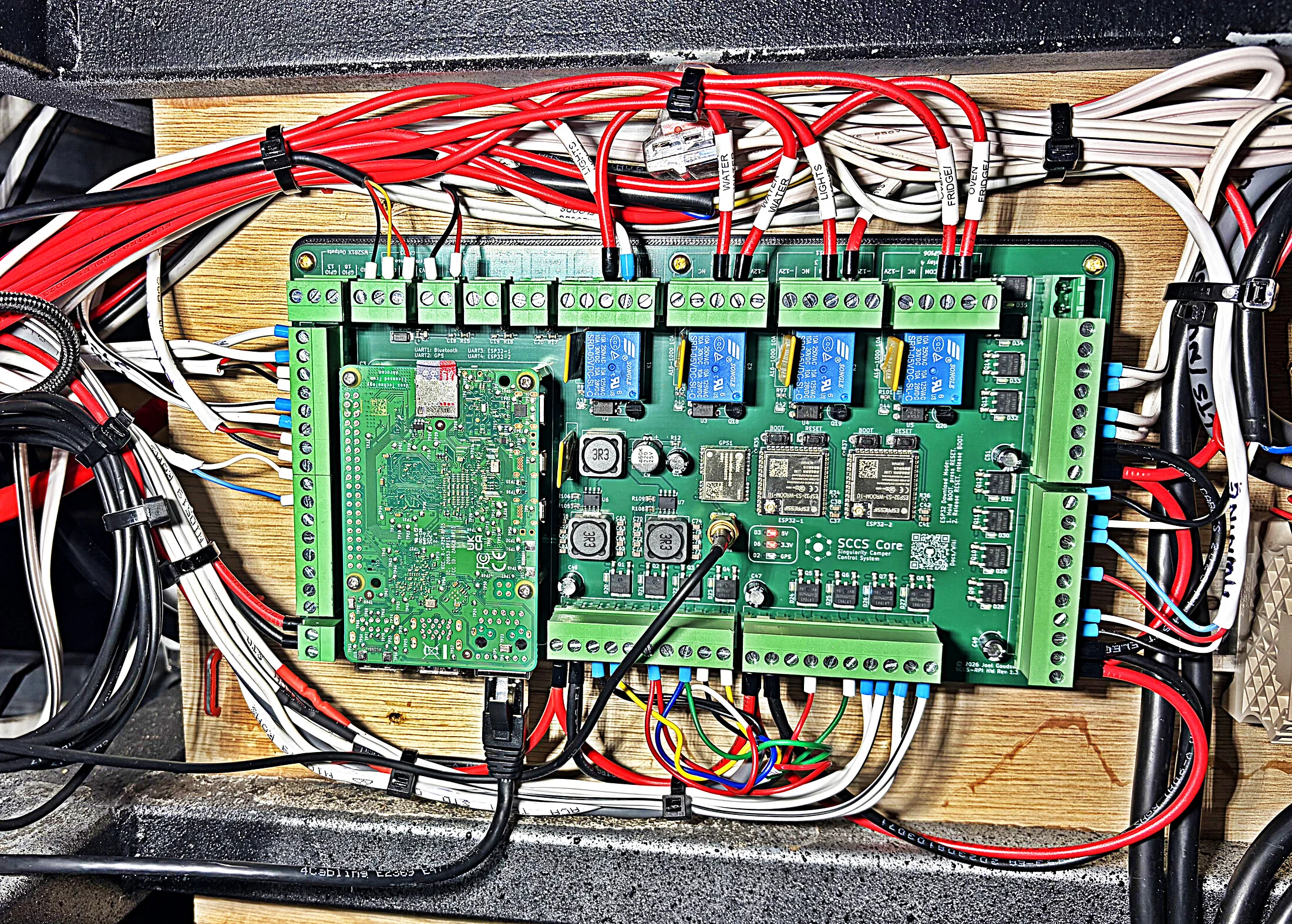SCCS Core control board wired in a camper, designed and built in-house