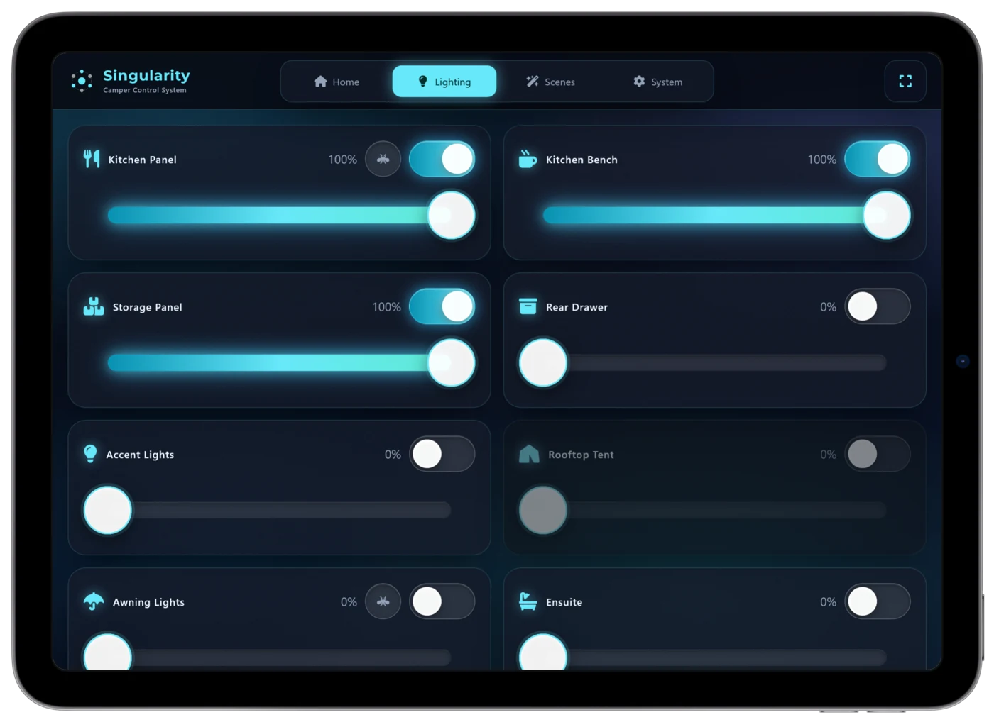 Tablet lighting controls for kitchen, awning and other zones