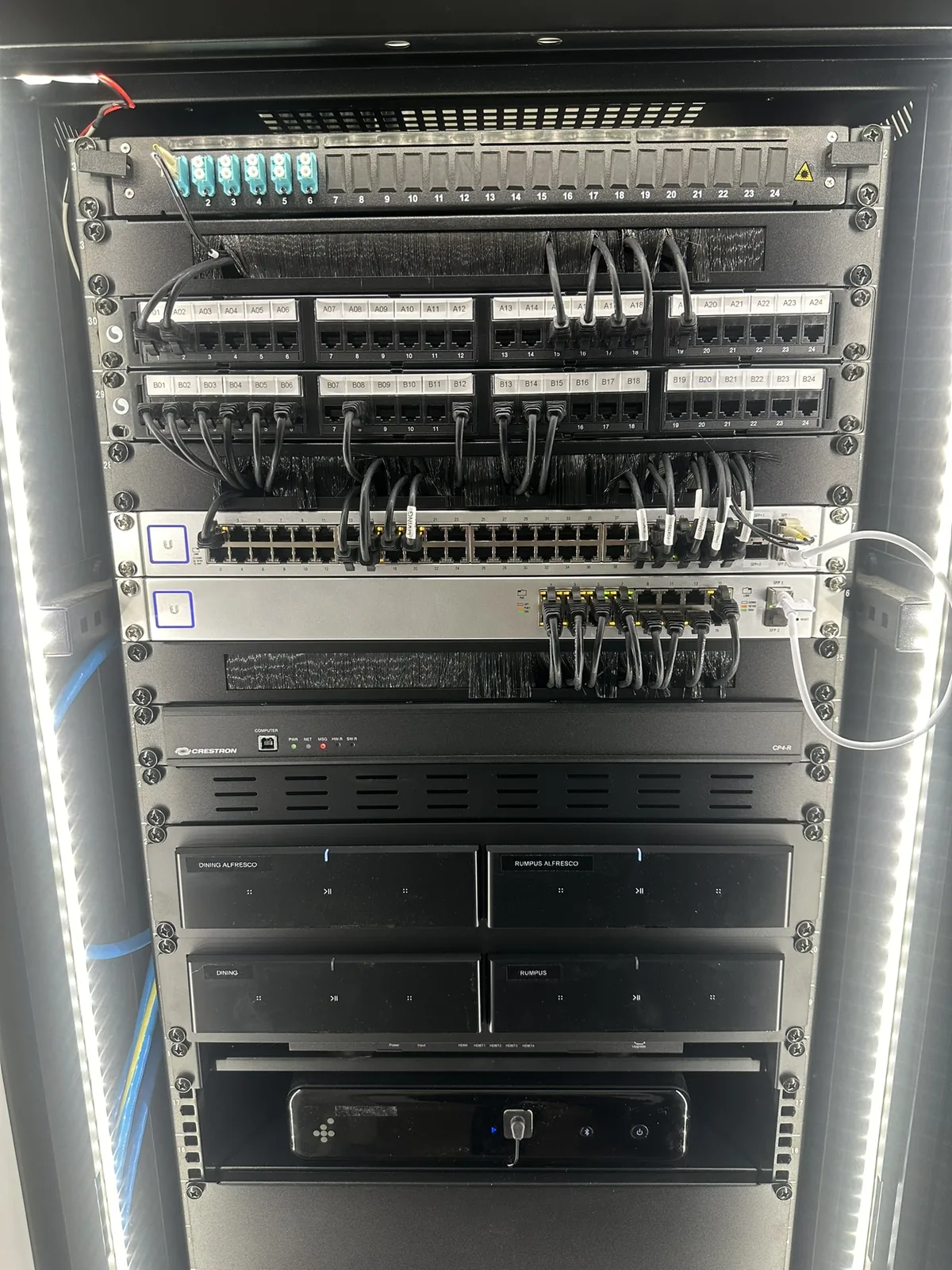 A neatly labelled home equipment rack with patch panels and managed network cabling
