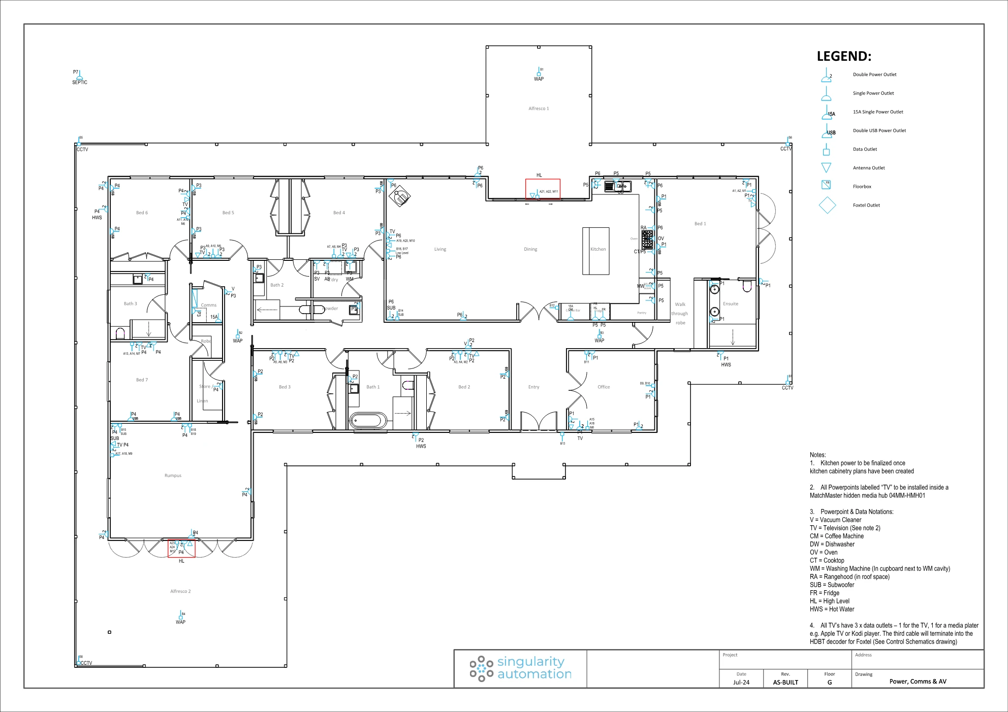 Example power, communications and AV plan: a whole drawing sheet showing power, data, antenna, CCTV and Wi-Fi points marked through the home, with a legend, notes and a Singularity Automation title block
