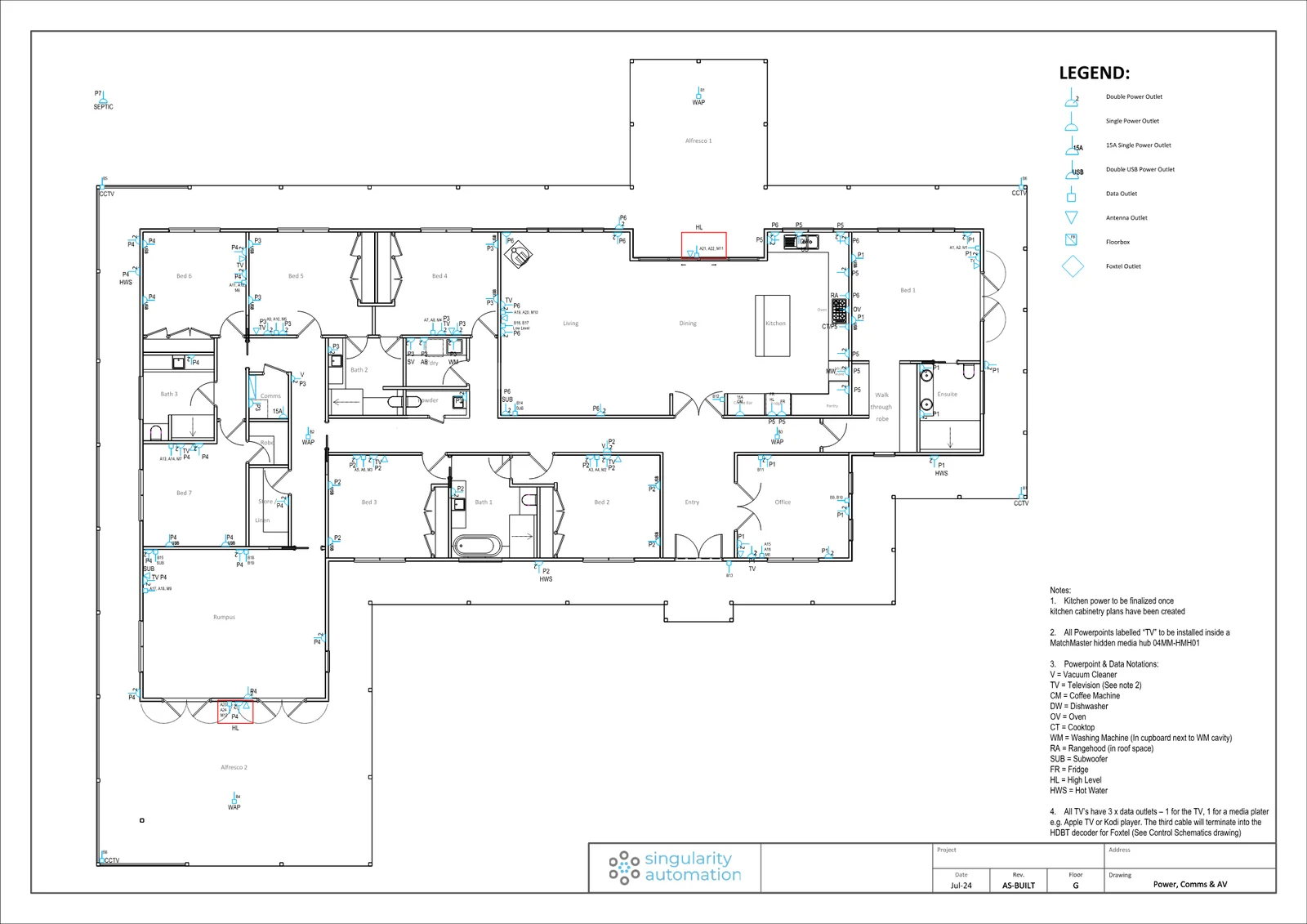 Example power, communications and AV plan: a whole drawing sheet showing power, data, antenna, CCTV and Wi-Fi points marked through the home, with a legend, notes and a Singularity Automation title block