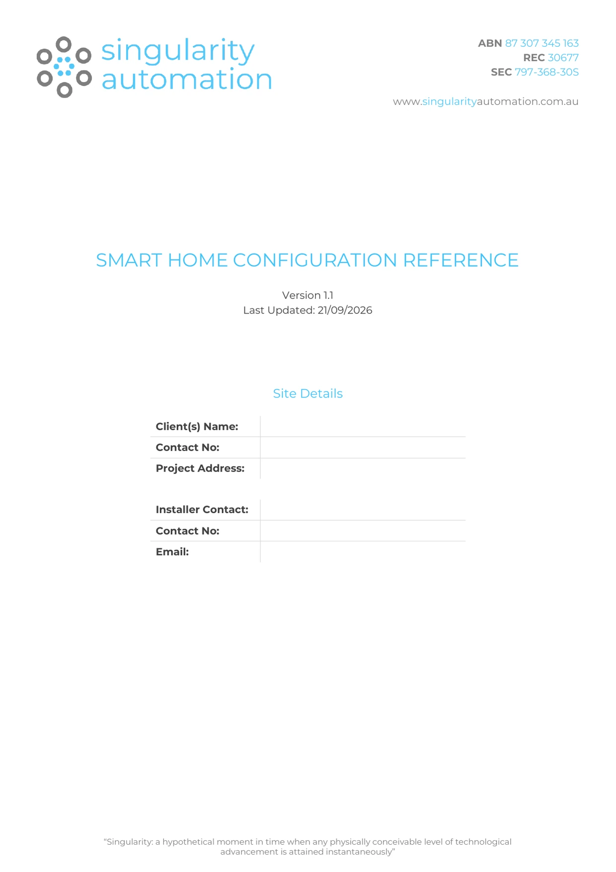 Example cover of the Singularity Automation Smart Home Configuration Reference, with blank Site Details fields