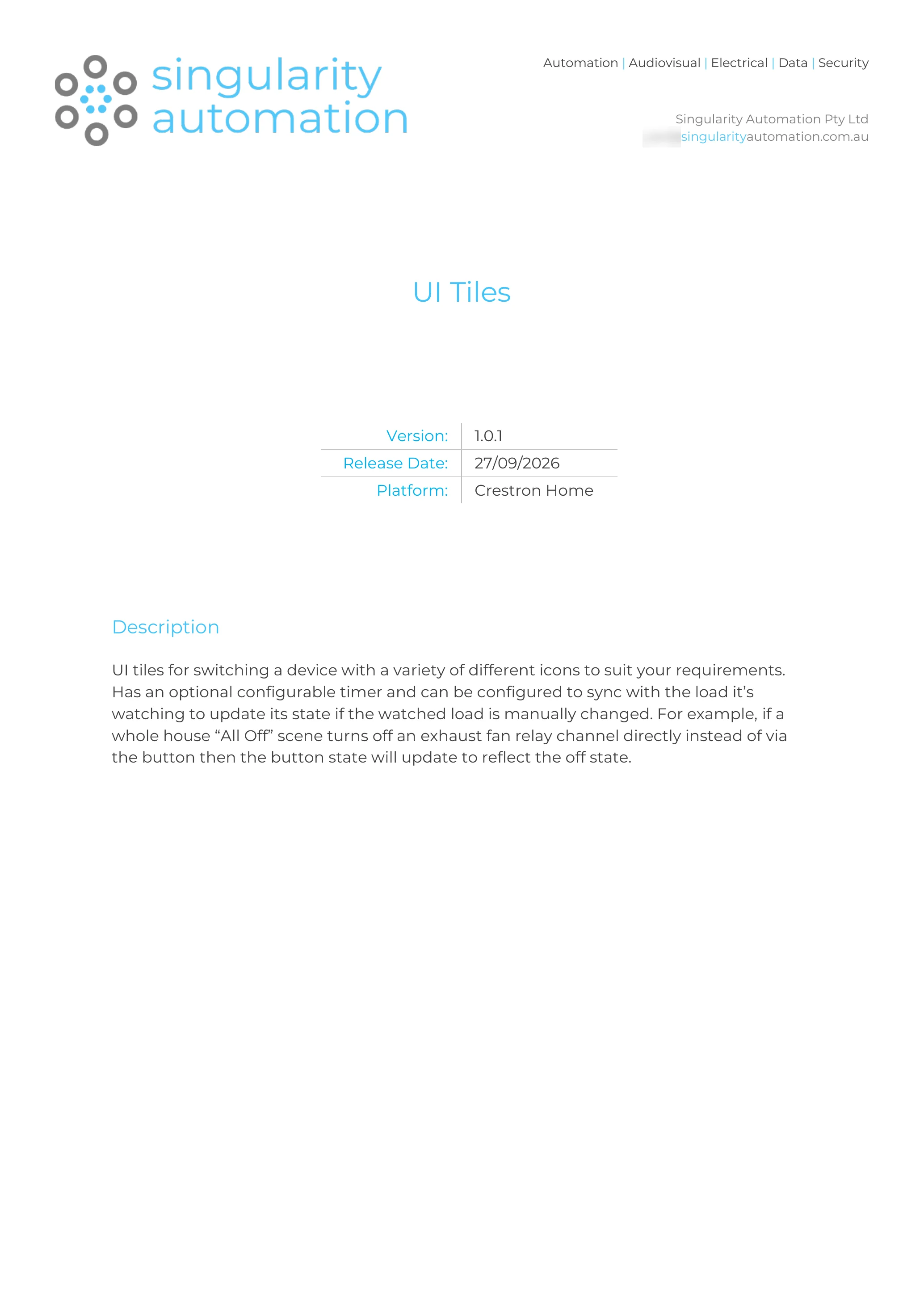 The cover sheet of a Singularity Automation datasheet for UI Tiles, one of our own Crestron Home modules, showing the version, release date, platform and a short description of what the module does